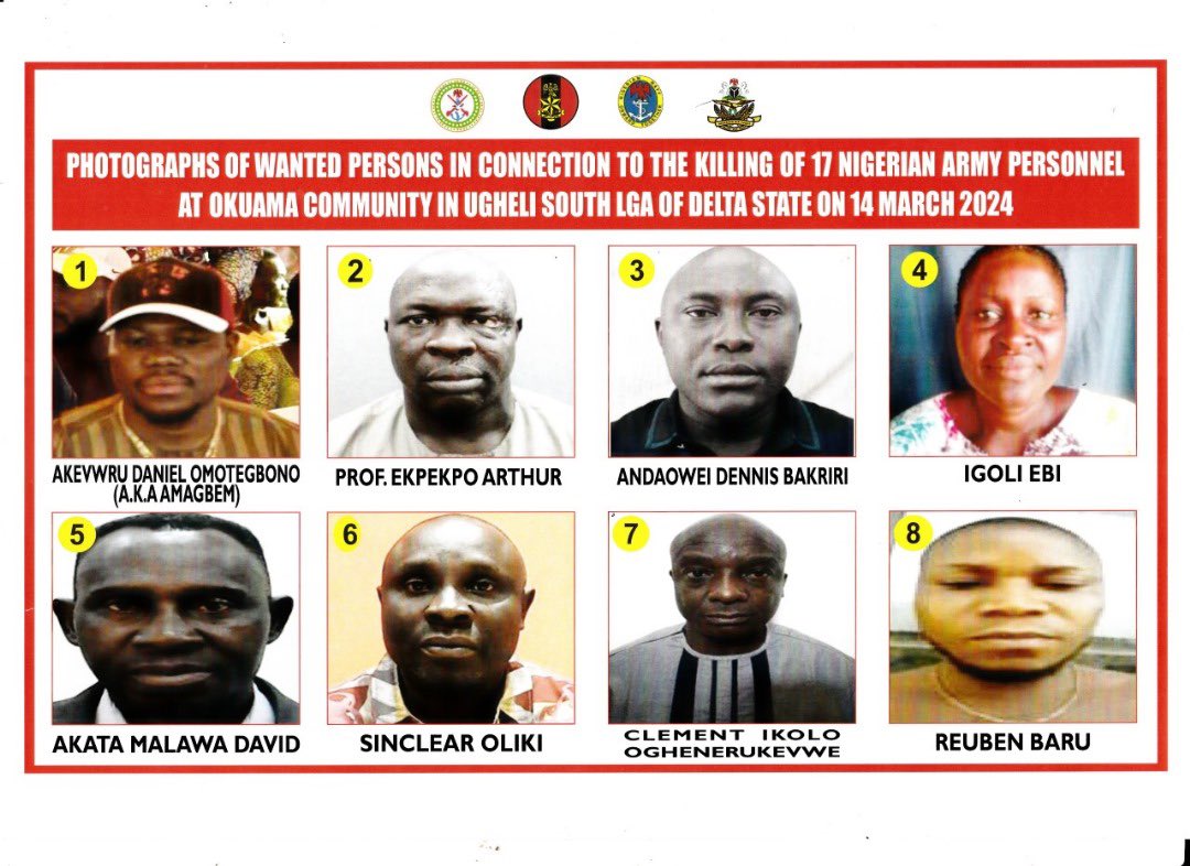 The military announces that seven people, including a professor, are wanted for the murder of a soldier in Okukaihama town.